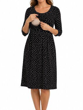 Black and White Polka Dot Nursing Midi Dress Size L Angel Maternity